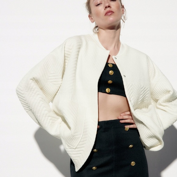 Zara jacket coat bomber overcoat cream ribbed casual fall lightweight - Picture 5 of 10